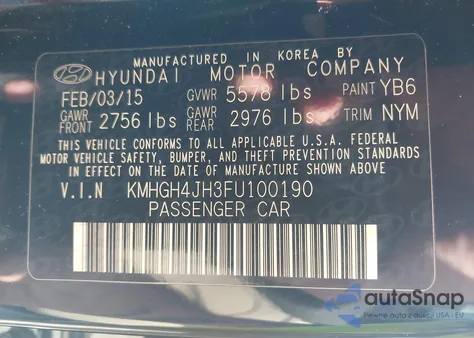 2015 Hyundai Equus Signature from USA, damaged, VIN KMHGH4JH3FU100190